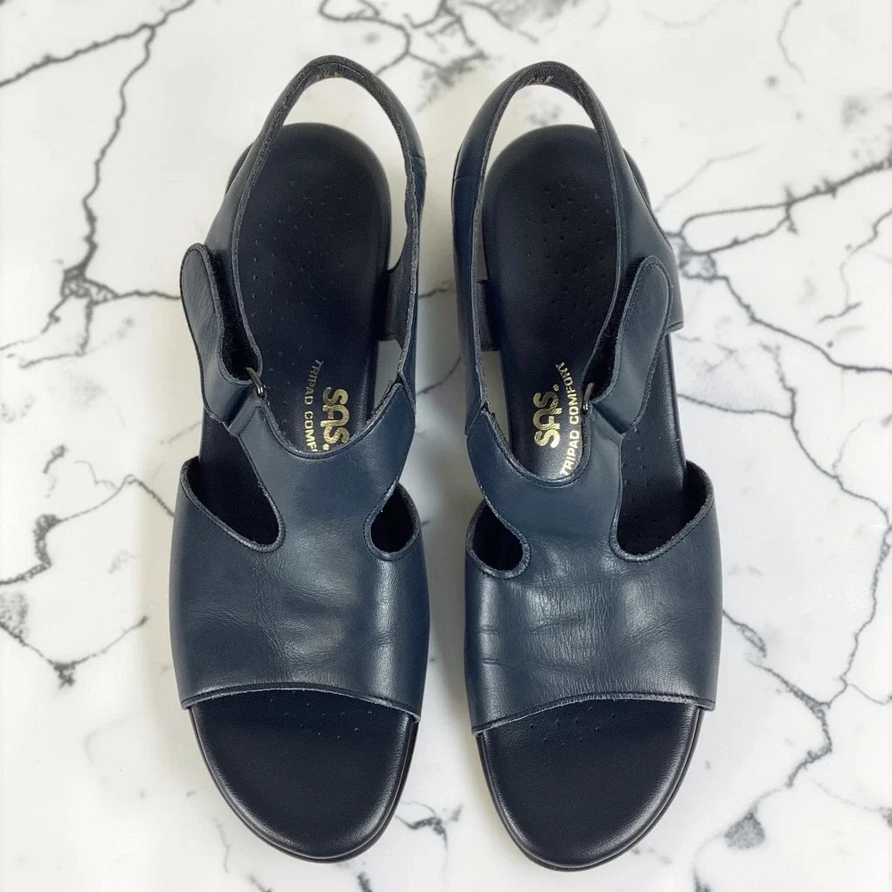 SAS Tripad Comfort Sandals Women's Navy Blue Leather Slingback Block Heel‎ 9.5 N